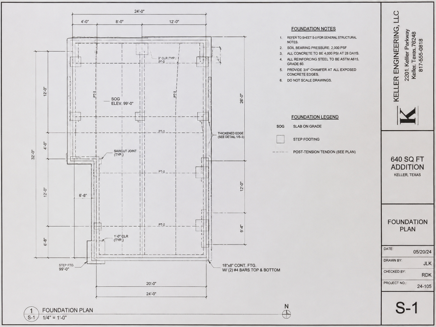 Fig. 1 — post-tension slab layout, 640 sq ft addition, Keller